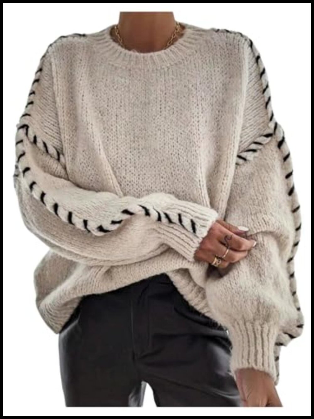 Oversized Crew Neck Pullover Sweater with Contrast Stitching, Long Sleeve